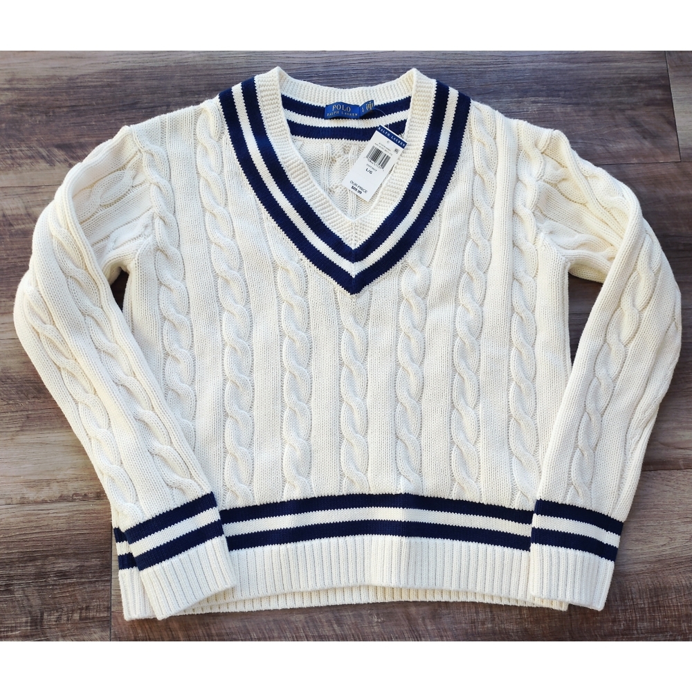 NWT Polo by Ralph Lauren Classic Cable Knit V-Neck Varsity Stripe Sweater